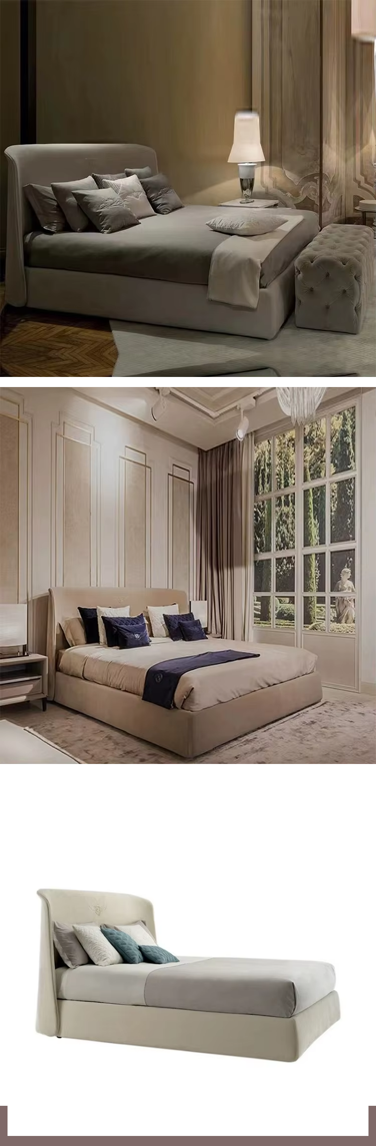 Luxury Beige Genuine Leather king Size Bed Headboard Double Bed Set with Sturdy Frame Modern Design for Villa Bedroom Furniture