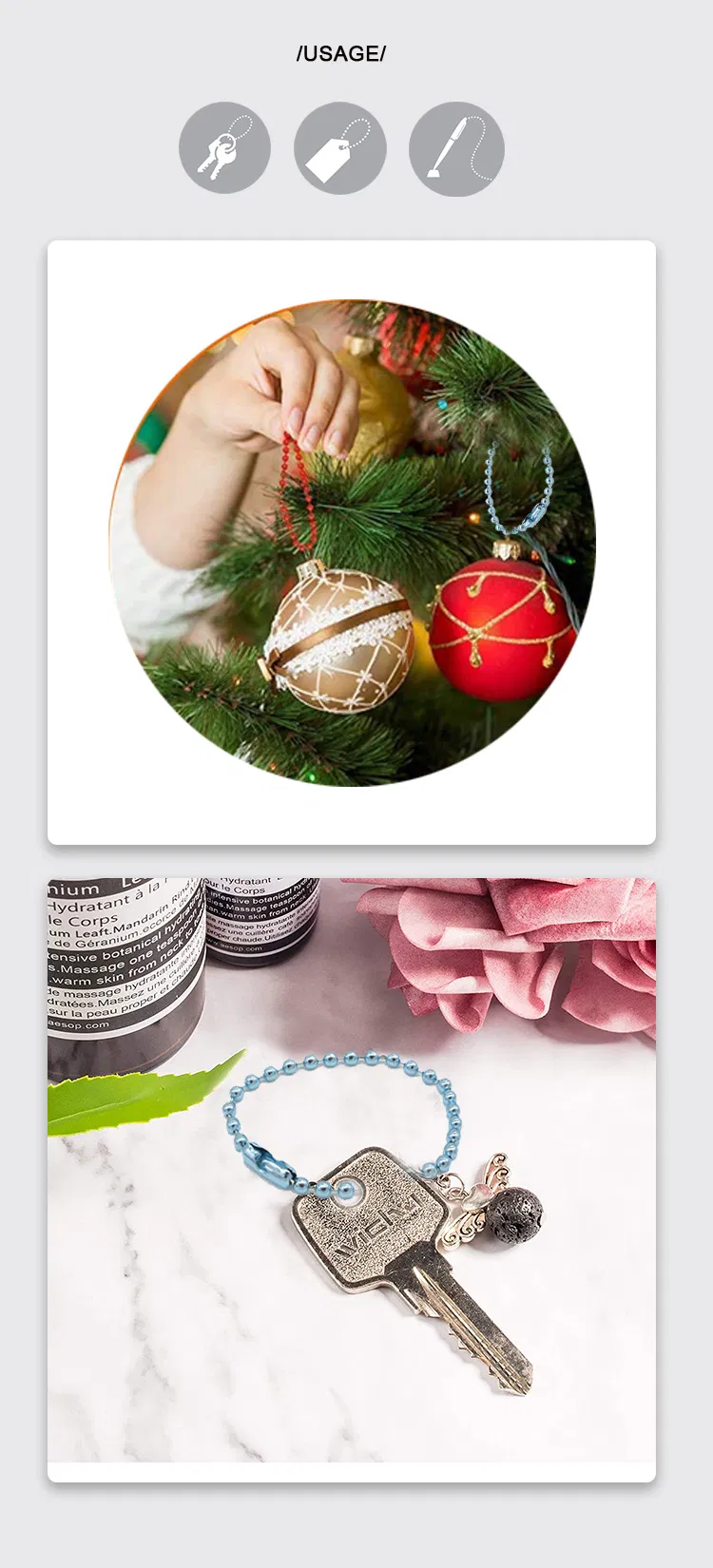 Customized Color Plated Steel Keychain , Bead Ball Dogtag Chain