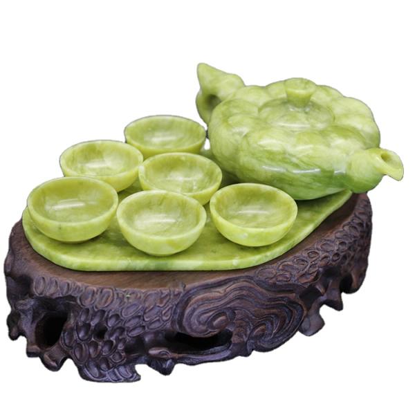 Chinese Traditional Handcraft Jade Teapot Set with 6 Cups and 1 Jade Plate Limited Edition Gemstone Collection