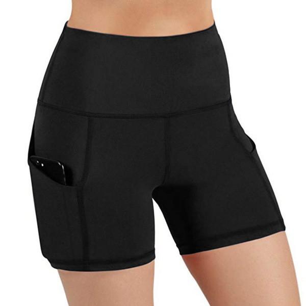 Short preto alto dos esportes de Waisted para o bolso lateral das caneleiras apertadas do Gym do controle da barriga das mulheres