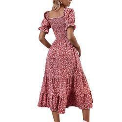                  Floral Print Dresses Short Puff Sleeve Square Neck Shirred Detail MIDI Women Dresses             