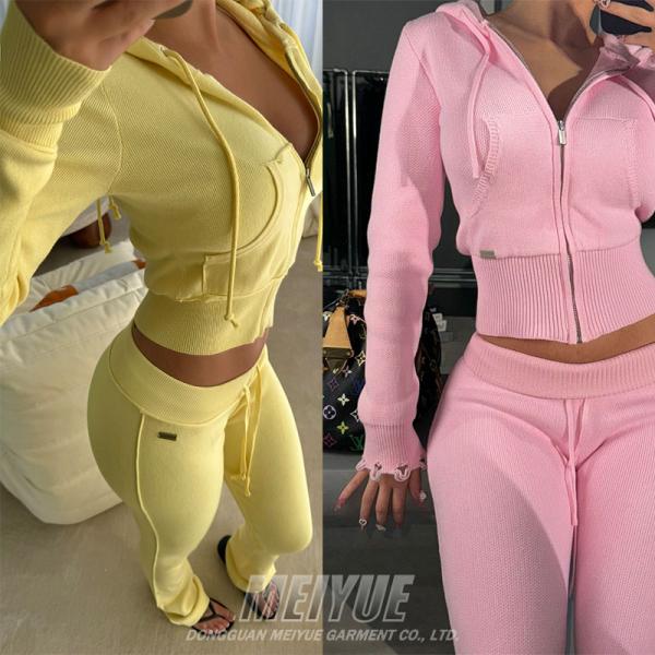 Custom Embroidery Distressed Crop Top Zip up Hoodie Sweatsuit Joggers Two Piece Set Women Clothing Sweatpants and Hoodie Set
