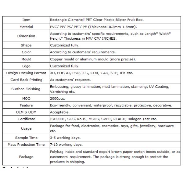 Blister Fast Food Disposable Plastic Containers Fruit Box Pet Plastic Fruit Packaging