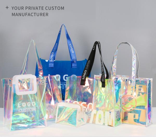 Custom Logo Eco-Friendly Recycle Iridescent Hologram Colorful Pvc Plastic Beach Bag TPU Handle Holographic Tote Shopping Bag