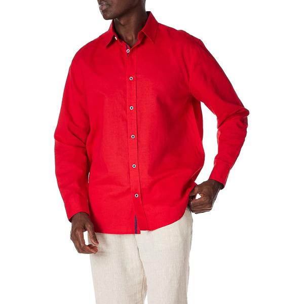 Large Red Tab Cuff Mens Casual Linen Shirts washable With Shirt Collar