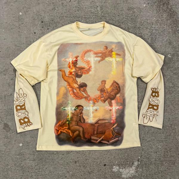 Luxury Clothing Manufacturers Custom Street Wear Double Layer Long Sleeve Cotton Oversize Loose Streetwear Unisex T Shirt T Shit