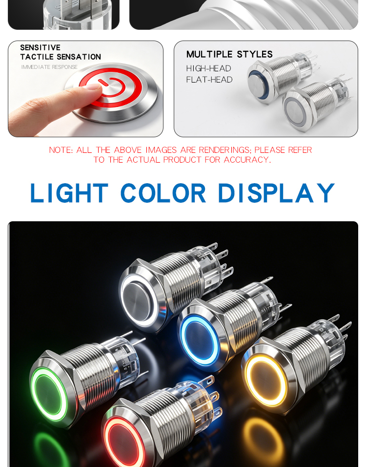 19MM metal button self-reset self-locking with light, two normally open, two normally closed, 6 or 8 pins, round waterproof double-throw switch