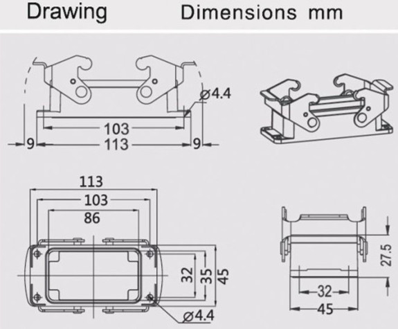 Standard hot runner connector 16 pin box 2 lever housing HE-016-M&H16B-HB-2L&H16B-AG,Industrial heavy duty connnector