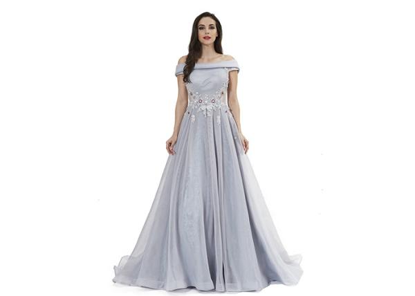 Grey Blue Off The Shoulder Maxi Evening Dresses Tulle Organza Fabric Type