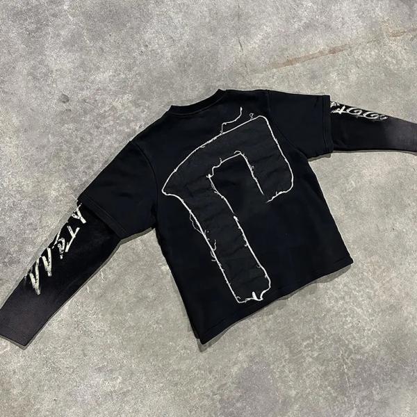 Applique Embroidery Screen Printed Boxy Long Sleeve T Shirt 250grams