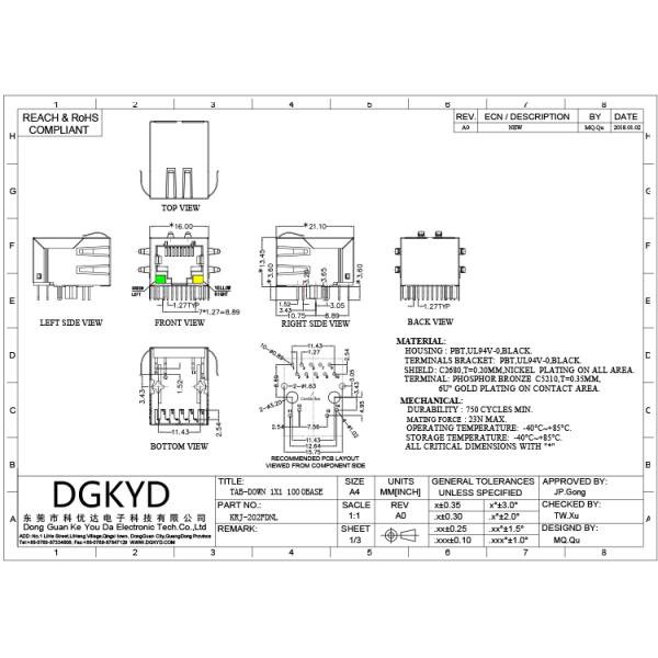 Tap Down Single Port 1000BASE Rj45 10 Pin Connector , Rj45 Modular Connector With Led