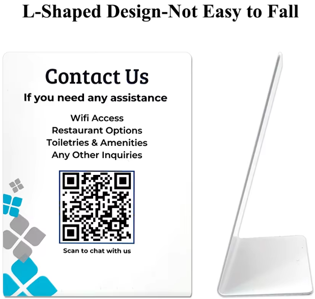 Customs White Pvc Plastic Sign Stands Logo Printed L Shape Hotel Table Qr Code Display For Business