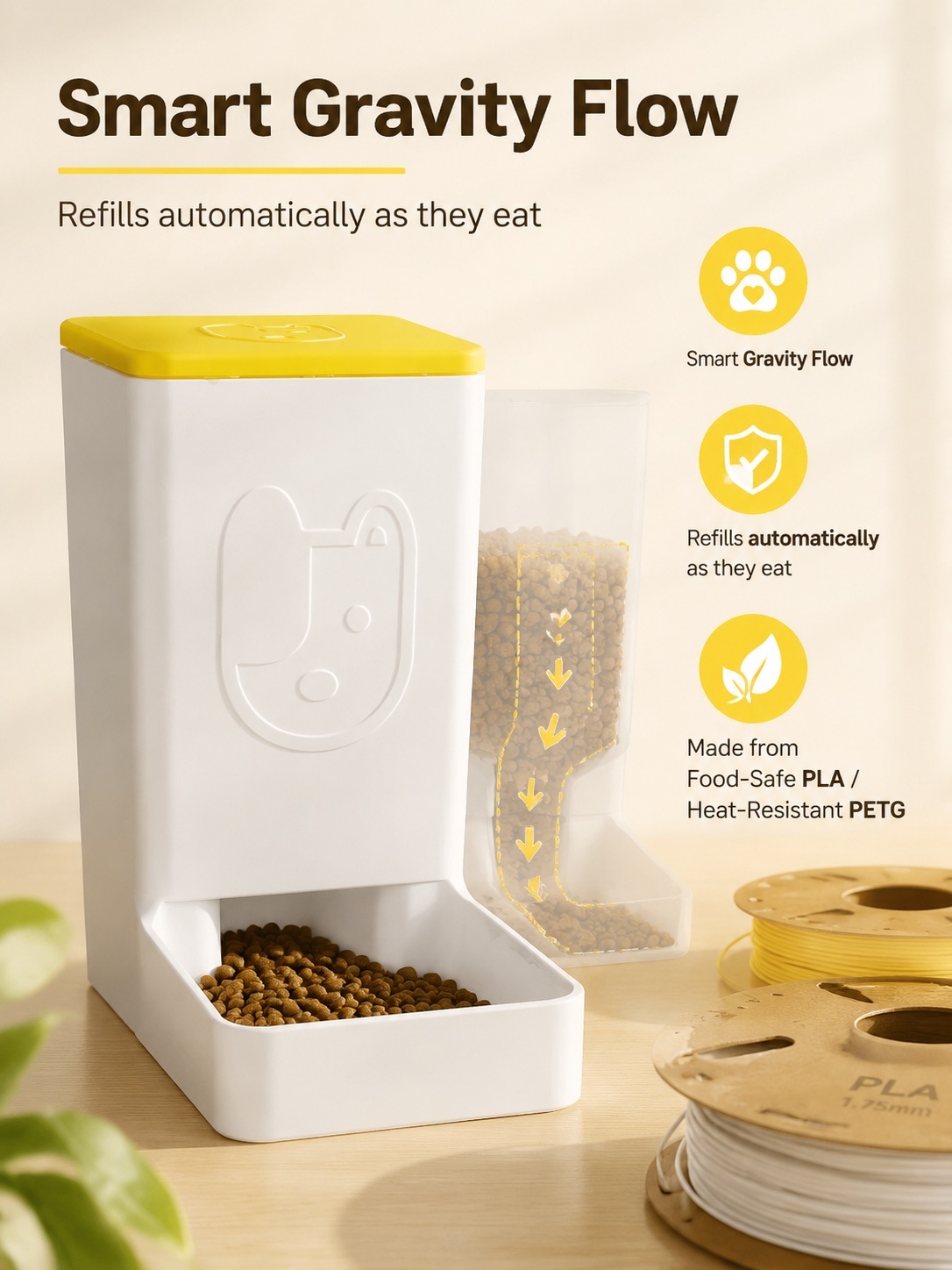 Automatic Gravity Feeding Desktop 3D Printed Pet Accessories, Small Dog Cat Bowl With Food Storage Function