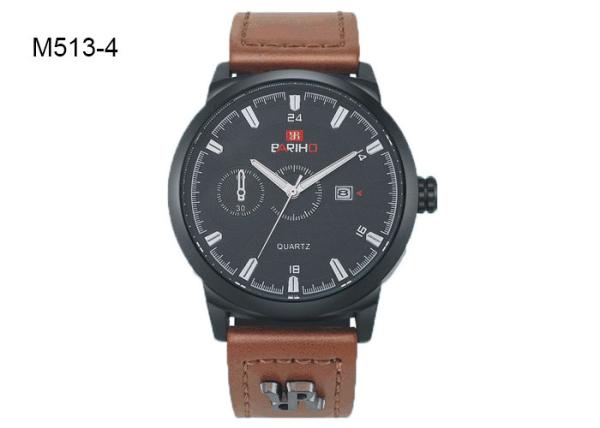 Date Display Men's Quartz Watch Black And Brown Leather Band M513