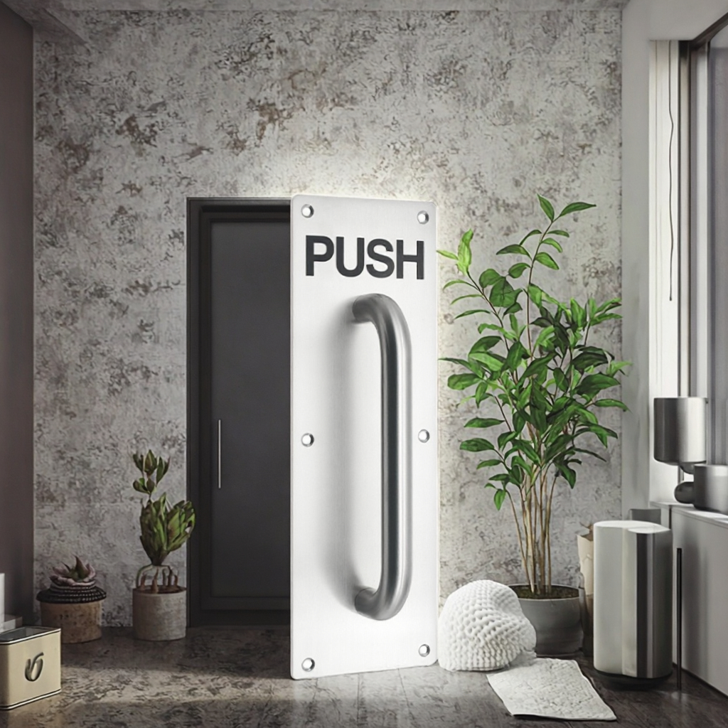 Modern Sleek Stainless Steel 304 (SS304) Ambidextrous Touch Control Entrance Door Handle Push Pull Plate Design Easy 2-Year