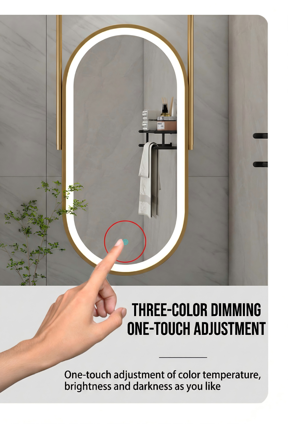 Kingstin Luxury Oval Ceiling Hanging LED Mirror Gold Brushed Frame, Smart Touch Switch Anti-Fog Suspension Bath Mirror