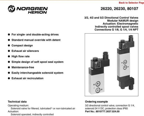ORIGINAL NEW NORGREN Norgren solenoid valve 26220, 26230, 80107,2623077  NAMUR ,High flow rate