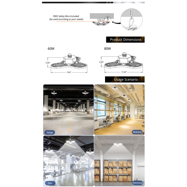 60W Deformable LED Garage Light ETL Certificated LED Adjustable Garage Lights IP40