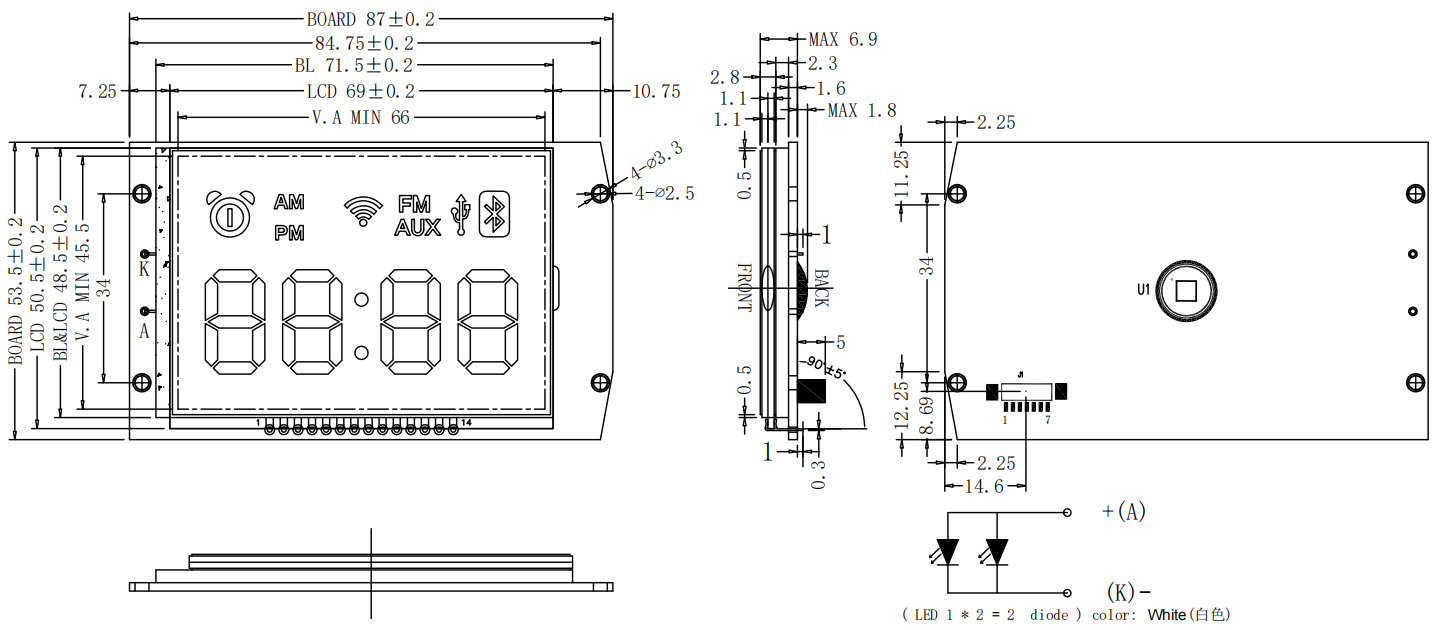 Automotive Bluetooth Display BTN VA Segment LCD Module 12 O Clock View Wide Temp Negative Mode