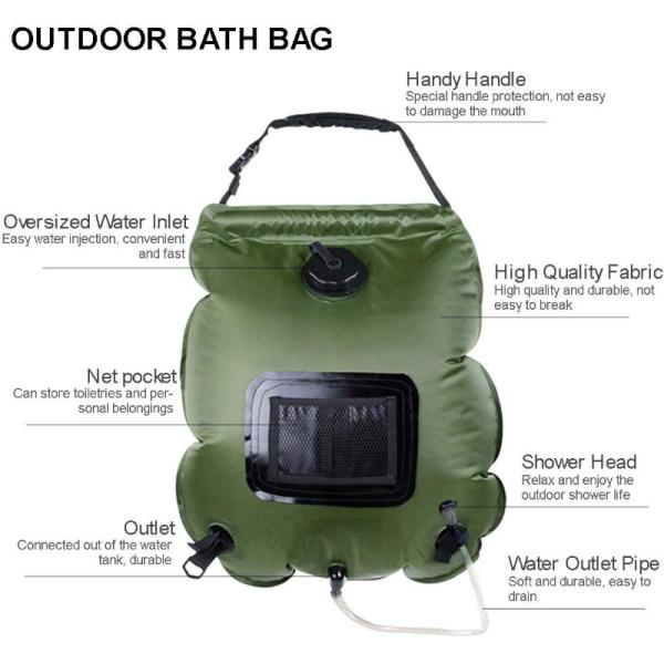 20L PVC Portable Outdoor Camping Shower Bag for Solar Heated Shower in Green or Blue