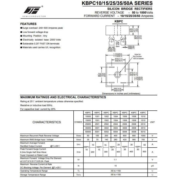 Silicon Bridge Rectifier Diode KBPC3510 35A/1000V Package Size 20.00cm * 40.00cm * 15.00cm
