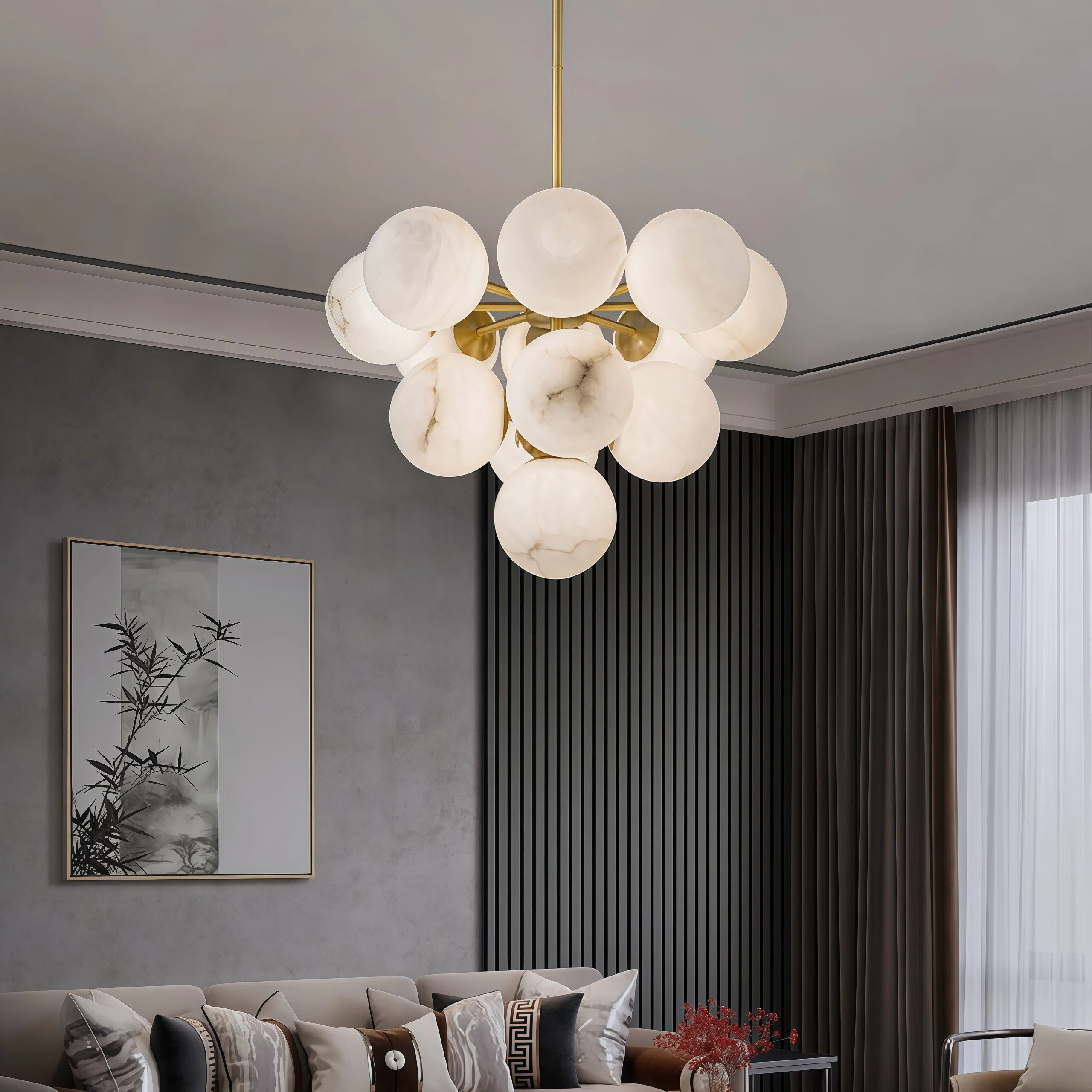 JYLIGHTING Modern Bubble‑Sphere Marble Chandelier, Solid Brass Suspension Lamp for Luxury Villa, Dining Room and Hotel Reception Interior Projects