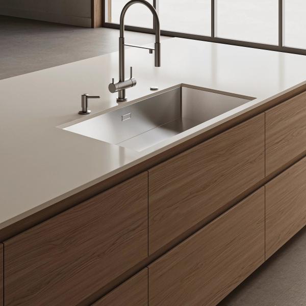 Melamine Finish Wood Grain And Solid Wood Handleless Kitchen Cabinet For Villa