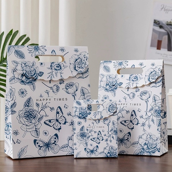 Floral Printed Paper Gift Bags with Die Cut Handle and Flap Top