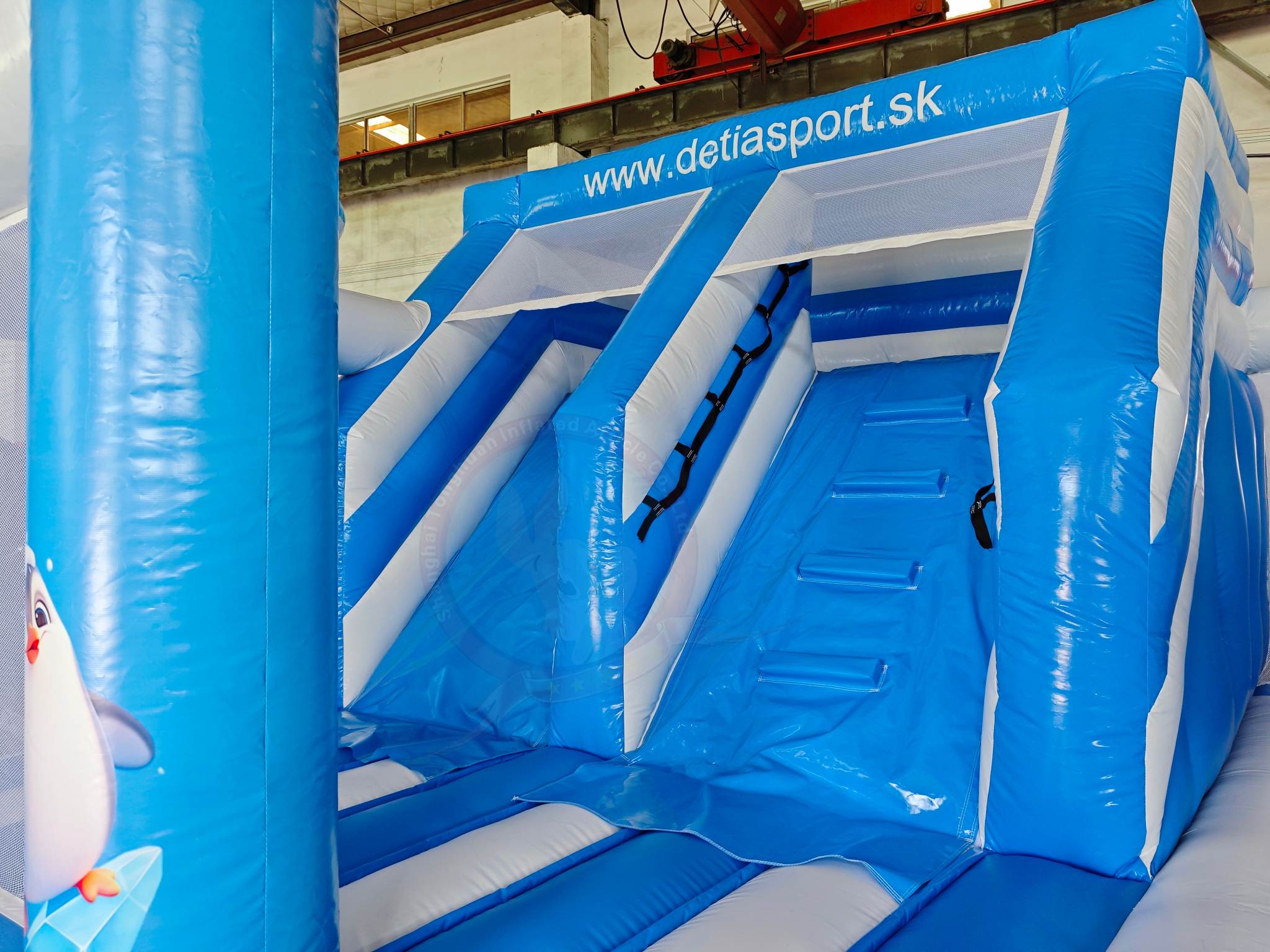 Inflatable Penguin Bounce House Slide Combo Blue Theme Kids Castle With Bounce Area Climbing Section Mesh Walls Rental Playground Equipment