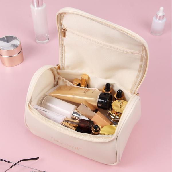 Customized New Arrival Luxury Portable Pu Large White Leather Travel Toiletry Storage Makeup Cosmetic Bags With Logo