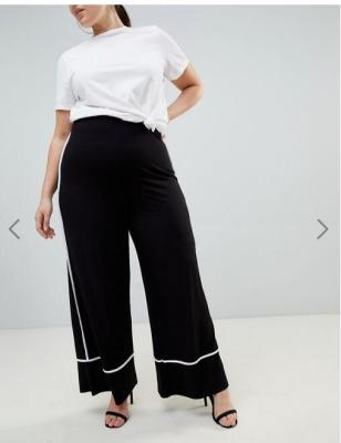 OEM black plus size wide leg pants,women's fashion pants with white piping