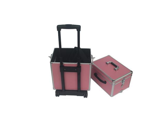 Pink Aluminum Makeup Trolley Case Rolling Aluminum Cosmetic Case