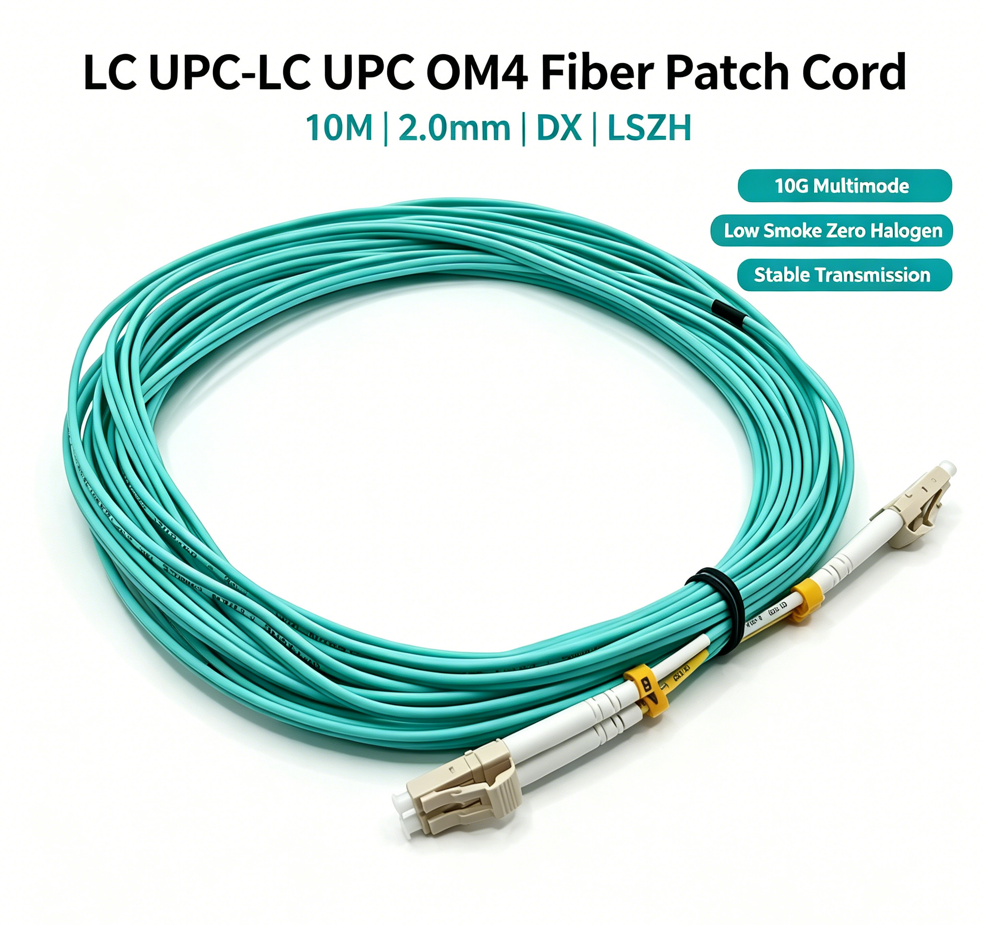10 Meter Slim Duplex OM4 Multimode Fiber Patch Cord With Dual LCUPC UPC Polished Connectors