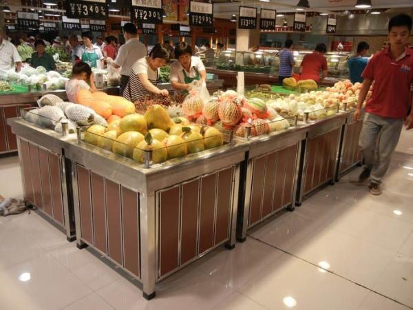 supermarket stainless steel fruit display with wood lift door,supermarket fruit stand with wood door