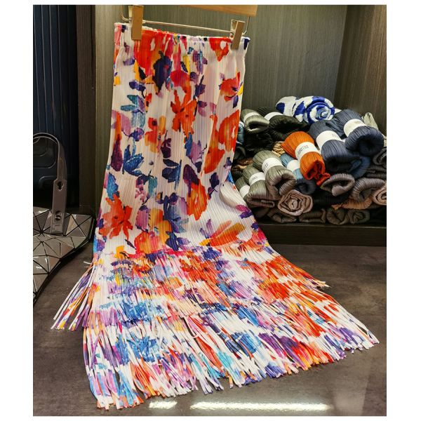 Fashion Summer New Nice Positioning Print Double Fringe Half Skirt Wrinkles Women's Slimming Skirt