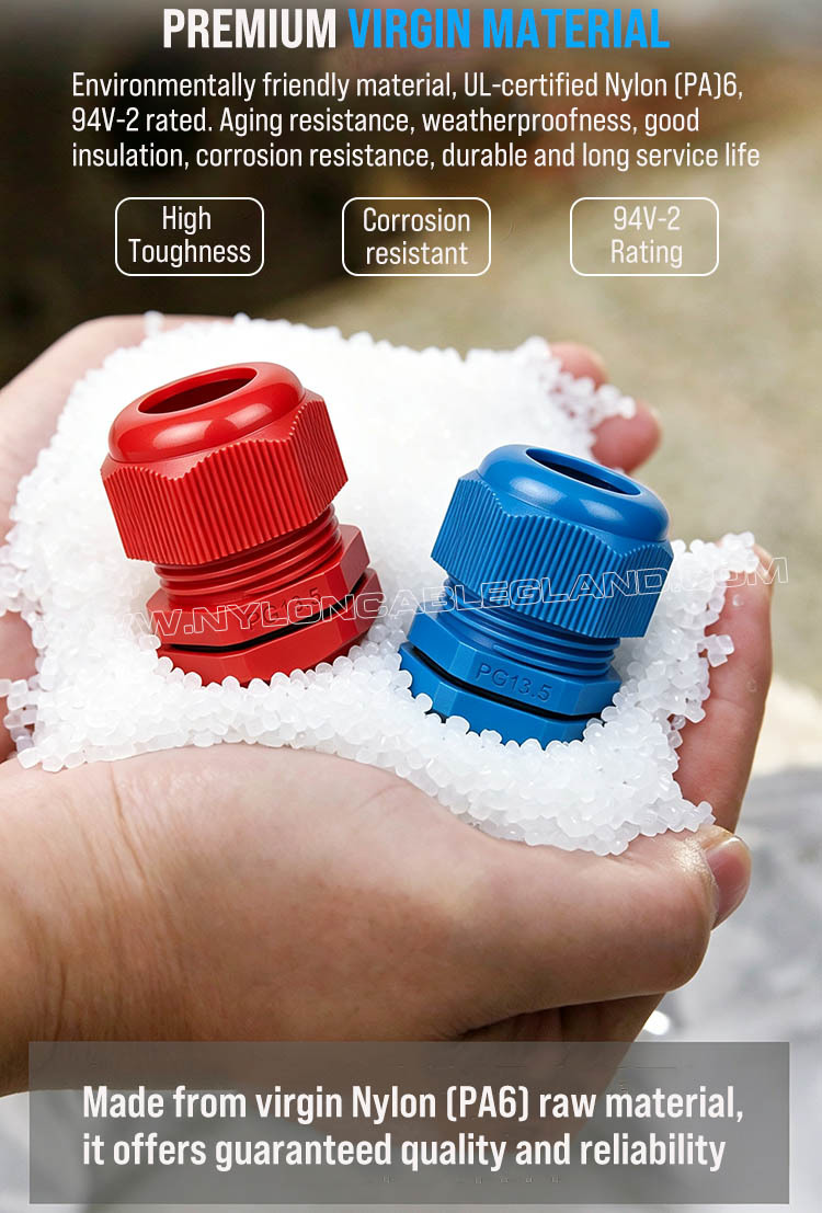 Premium material of colored plastic nylon polyamide cable glands & cable joints Colored Cable Glands, Nylon 6 (Polyamide 6, PA6), PG13.5 (6-12mm & 5-9mm), IP68/IP69K, for Visual Identification & Cable organization