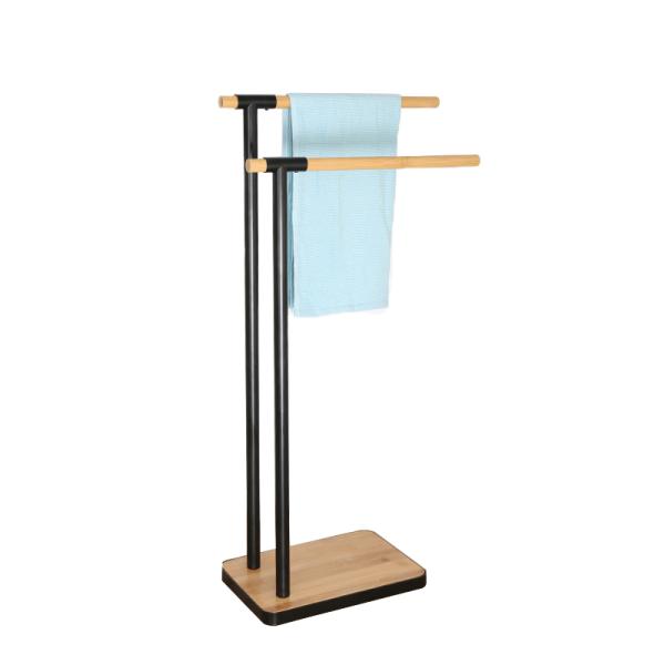 HEATED Black Bamboo Bathroom Towel Stand Metal Towel Rack