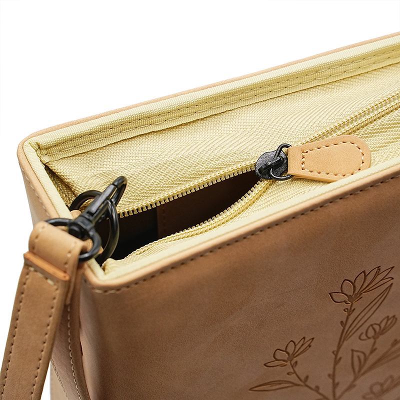 Dustproof Genuine Leather Bible Case Bag With Hand Strap Floral Debossed Zipper