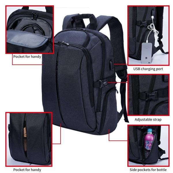Waterproof Polyester Laptop Bag Backpack With USB Charge Port Black Color