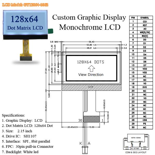 128x64 Fstn COG LCD Display Module I2c Spi St7567 26pin Screen Monochrome Display 12864 Mono LCD Graphic Display ST7567 or UC1701