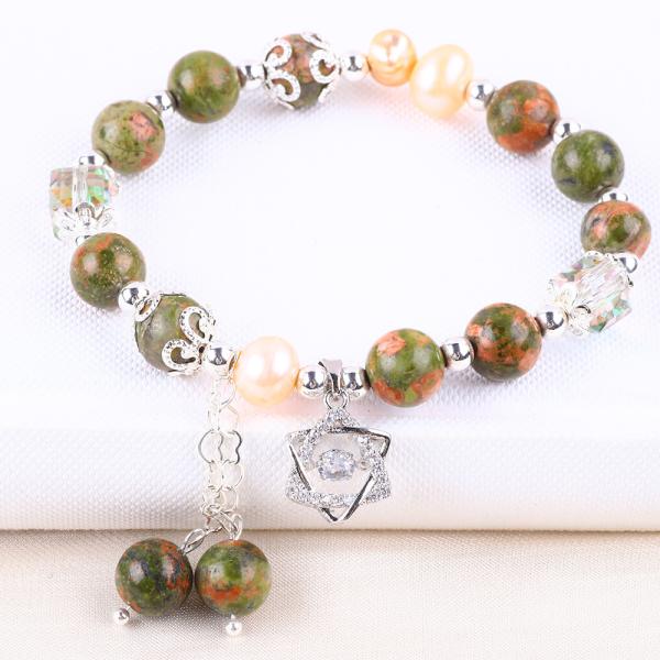 Unakite Stone And Pink Pearl With Star Charm Healing Balance Bead Bracelet For Jewelry Gift