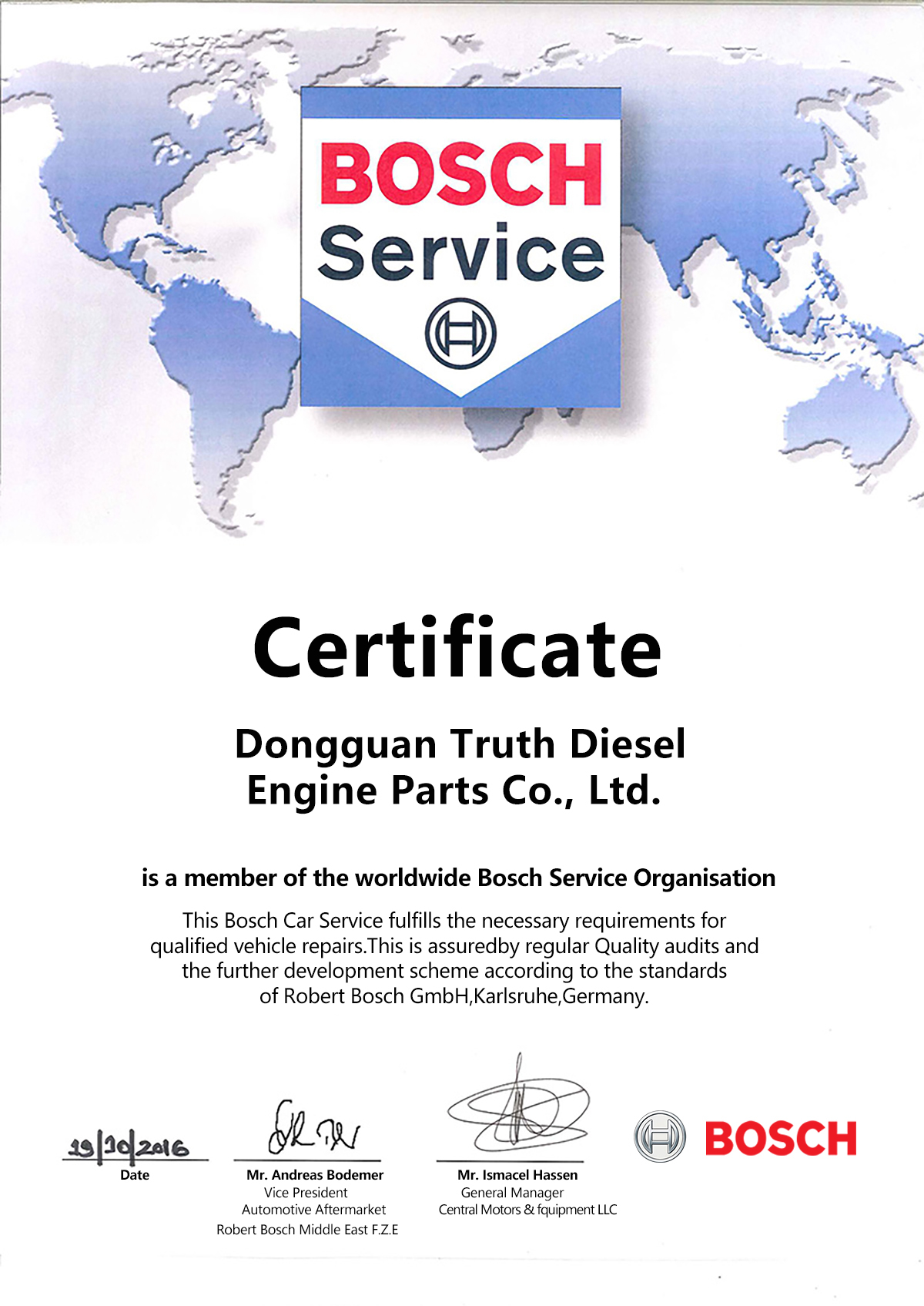 Dongguan Truth Diesel Engine Parts Co., Ltd. Certifications