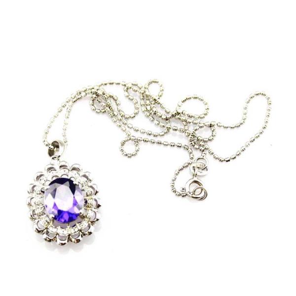 925 Silver 9mmx11mm Oval Amethyst Cubic Zircon Pendan Silver Chain  Necklace (PSJ0178)