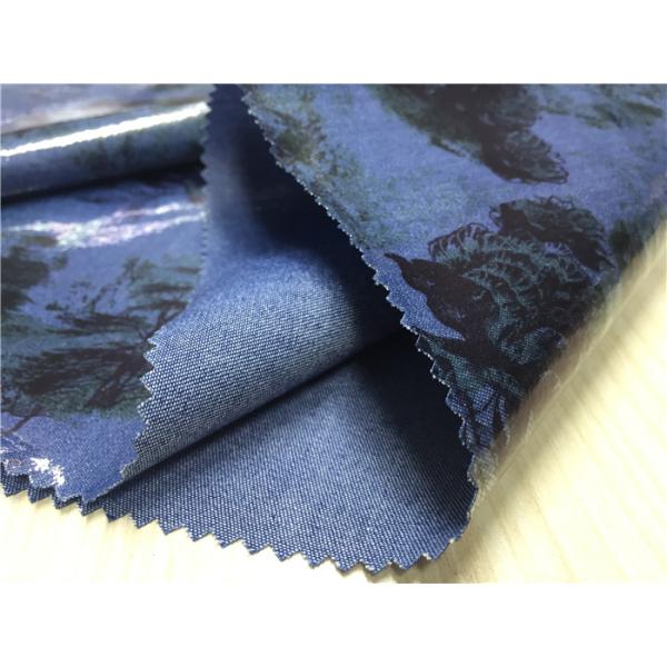 Black Flowers Printed Leather Look Fabric Bonded With Blue Fabric For Ladies Garment