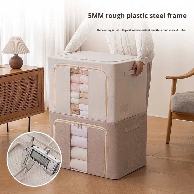 Modern Cotton Linen Clothing Storage Box with Steel Frame Foldable Quilt Down Jacket Organizer Fabric Storage Box