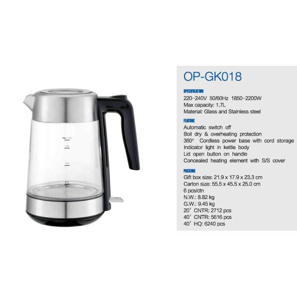 NO App-Controlled Electric Glass Kettle for Hotel 50/60Hz Rate App-Controlled