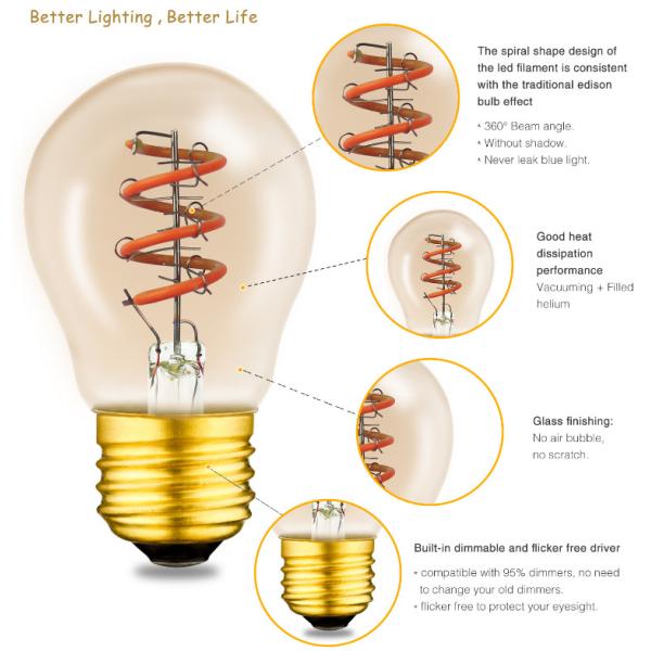 Спиральная электрическая лампочка 230V СИД шарика G45 4W 2200k нити СИД мягкая для декоративного