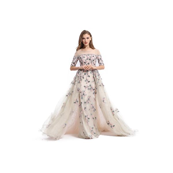 Soft Tulle Neck Embroidery Flower Wedding Bridesmaid Dresses Half Sleeve