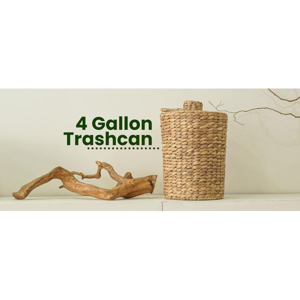 Wicker Waste Basket - Water Hyacinth Bathroom Garbage Can With A Lid - Bathroom Trash Can Boho Style - Wicker Trash Can With Lid For Household, Kitchen - Removable Liner, Iron Frame