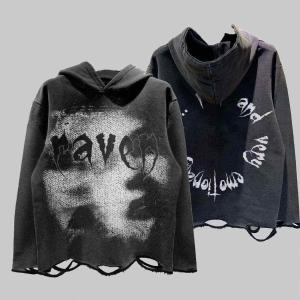 Pulôver com capuz de dtg Acid Wash Distressed Ripped Raw Hem Crop Hoodie Homens